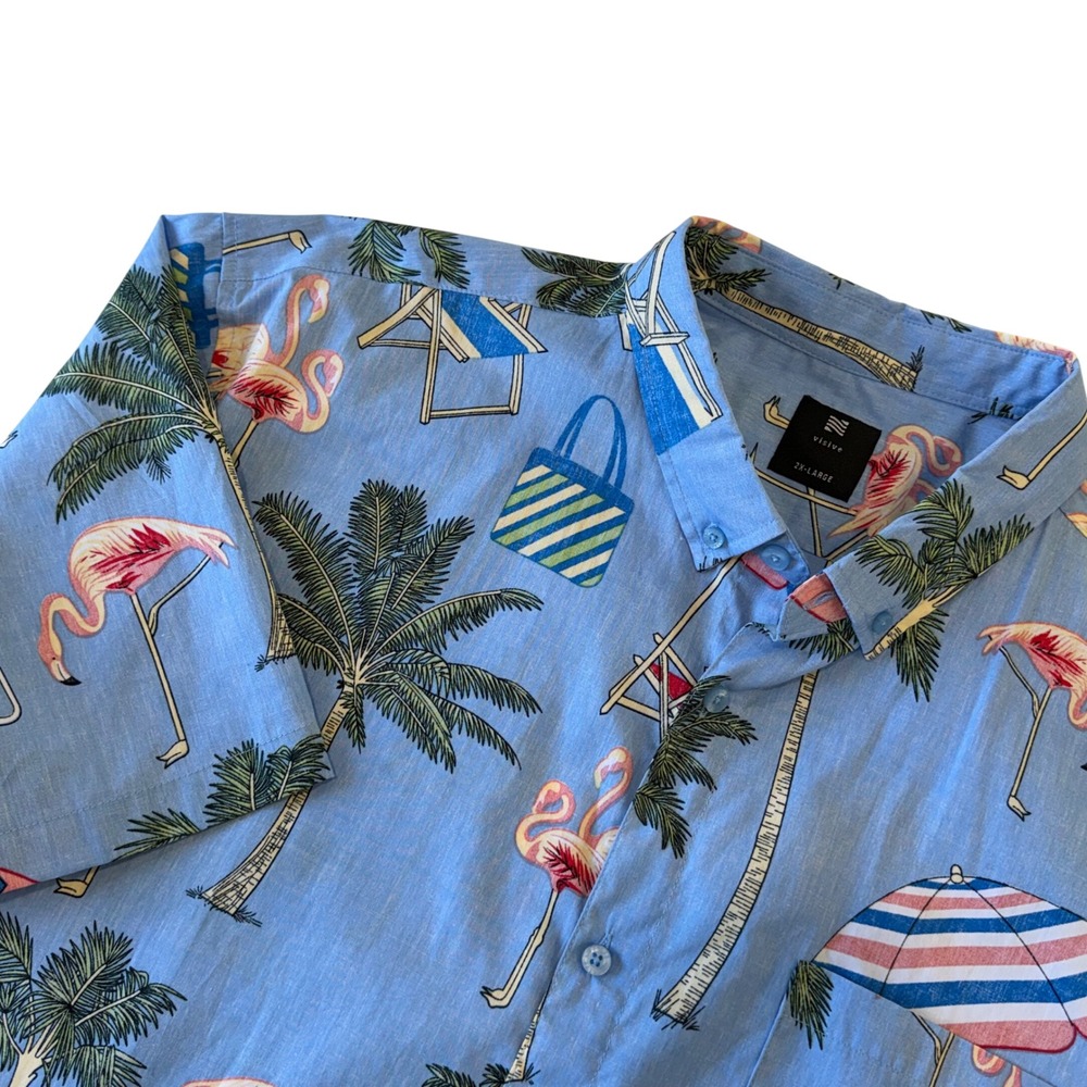 Visive Fun Button Down Flamingo Summer‎ Shirt Mens Blue 2XL Tropical Miami